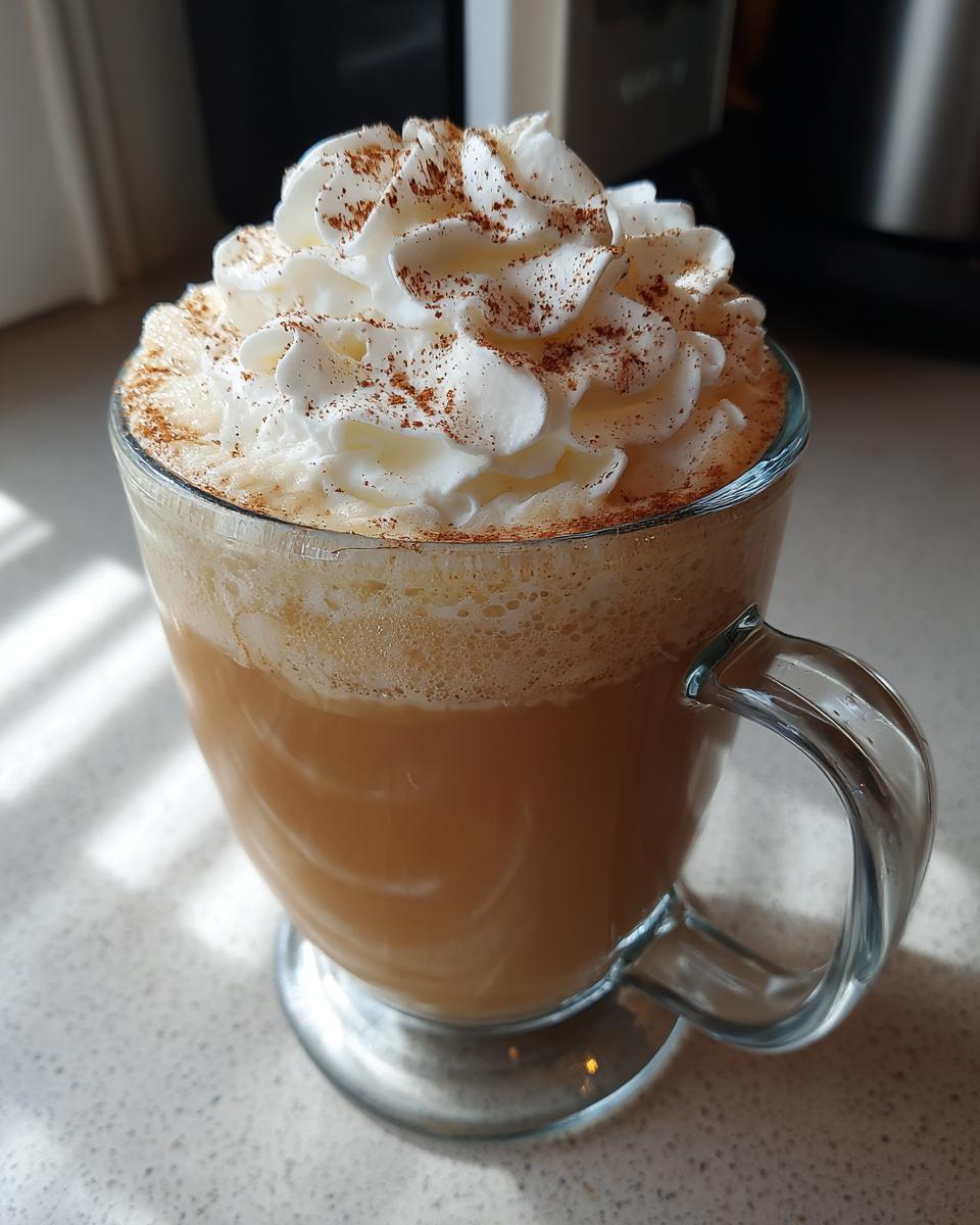 A glass mug filled with a Vanilla Chai Valentine’s Latte, topped with whipped cream and cinnamon.