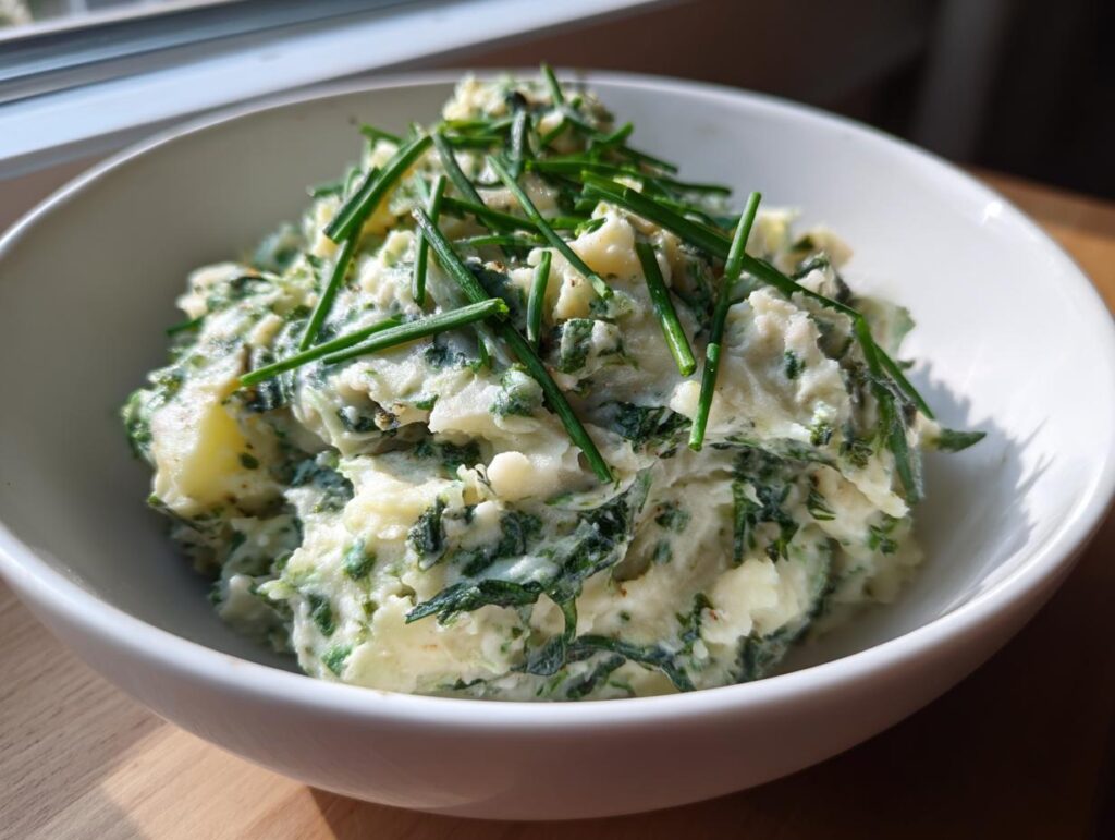 Close-up of creamy Vegetarian Colcannon Soup in a white bowl, topped with fresh chives.