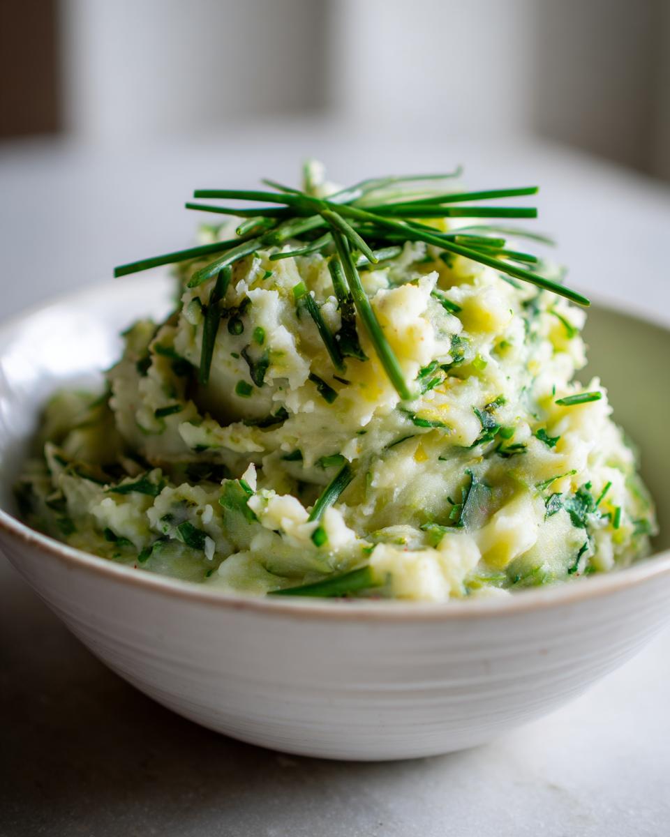 Close-up of a bowl of creamy Vegetarian Colcannon Soup, garnished with fresh chives.