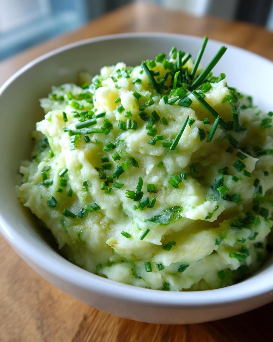 Close-up of creamy Vegetarian Colcannon Soup in a white bowl, garnished with fresh chives.