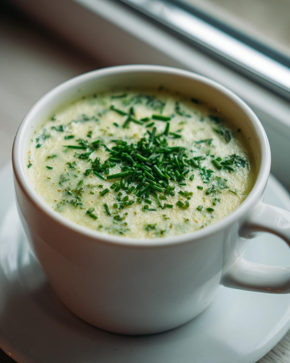 Close-up of a cup of Vegetarian Colcannon Soup, garnished with fresh chives, on a saucer.