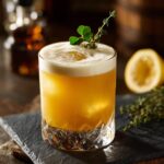 A delicious Whiskey Sour with Clover Garnish, garnished with fresh herbs and a clover.