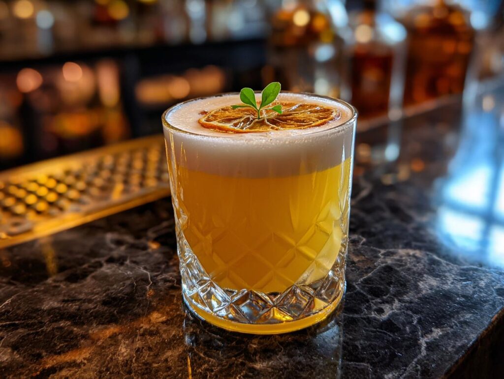 A refreshing Whiskey Sour with Clover Garnish, garnished with a dried orange slice and a sprig of clover.