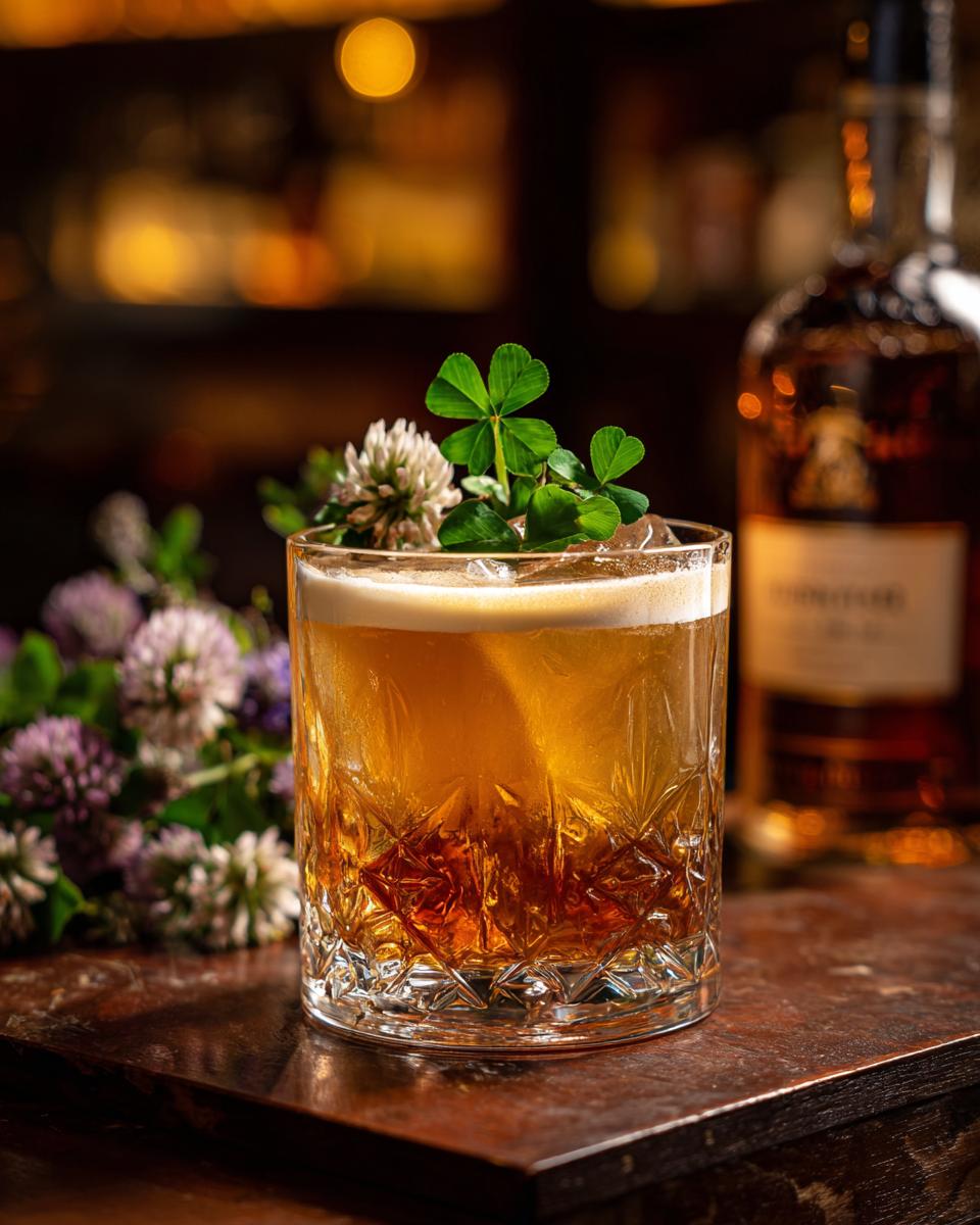 A refreshing Whiskey Sour with Clover Garnish, beautifully presented in a rocks glass.