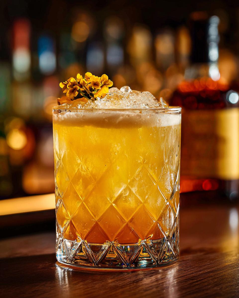 A refreshing Whiskey Sour with Clover Garnish in a diamond-cut glass, garnished with flowers.