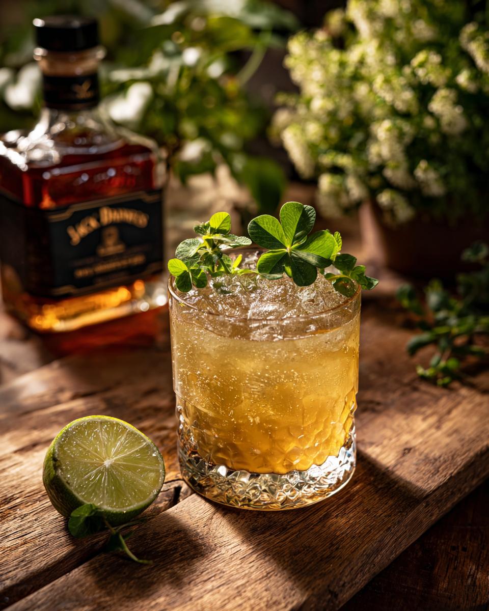 Close-up of a Whiskey Sour with Clover Garnish, garnished with fresh clover and lime.