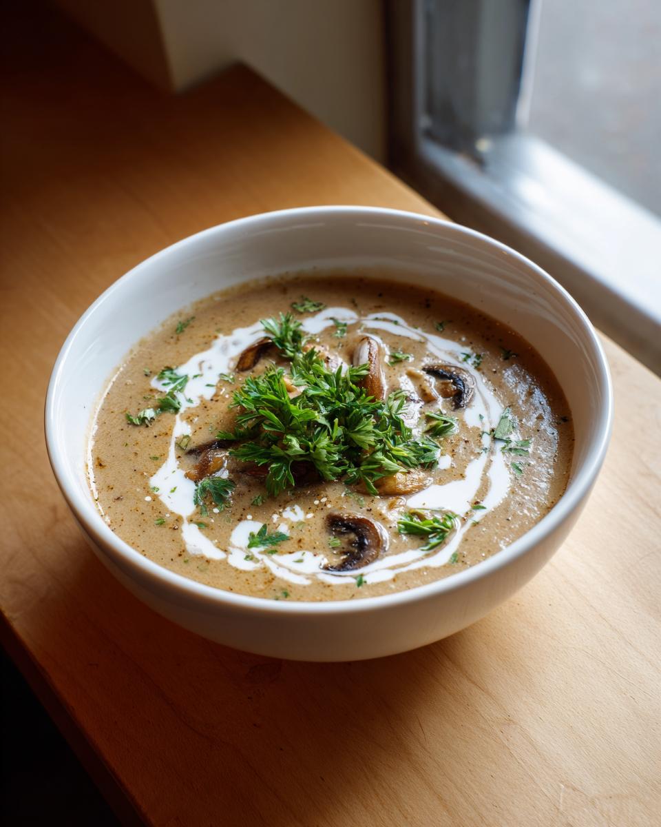 A bowl of creamy Wild Mushroom Valentine’s Day Soup garnished with fresh herbs and cream.