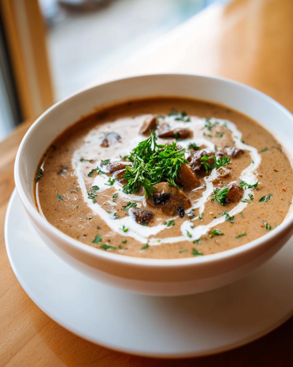 A bowl of creamy Wild Mushroom Valentine's Day Soup, garnished with fresh herbs and cream.