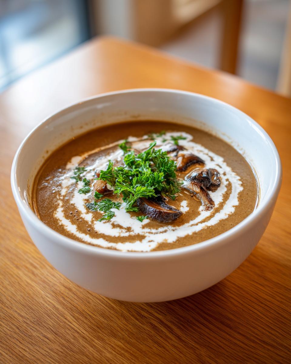 Bowl of creamy Wild Mushroom Valentine’s Day Soup garnished with cream and parsley.