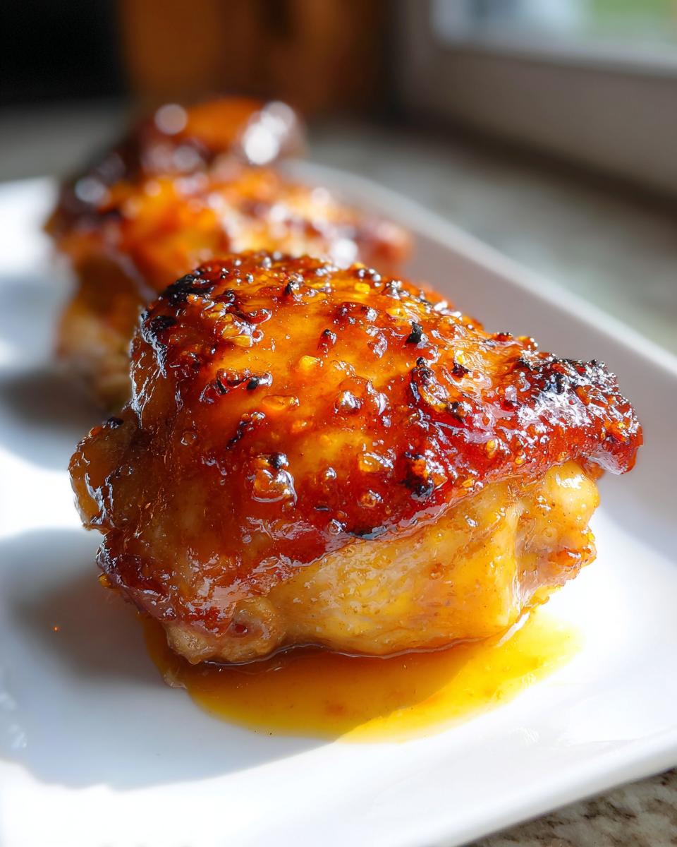 Close-up of air fryer apricot glazed chicken thighs on a white plate, showing the glistening glaze.