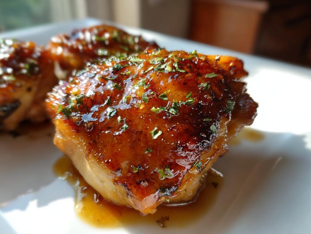 Close-up of air fryer apricot glazed chicken thighs, glistening with glaze and garnished with herbs.