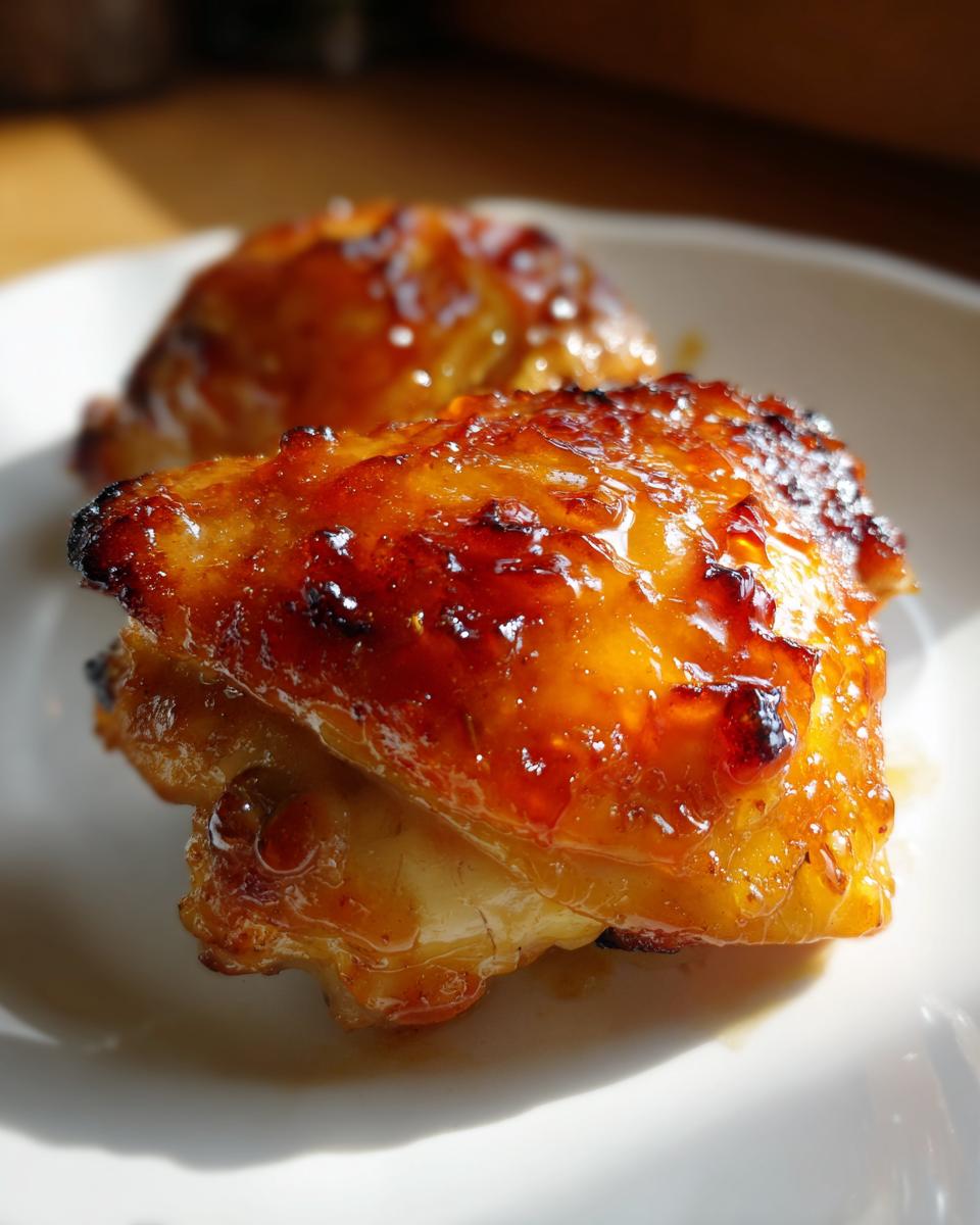 Close-up of air fryer apricot glazed chicken thighs on a white plate, showing the crispy skin and glaze.