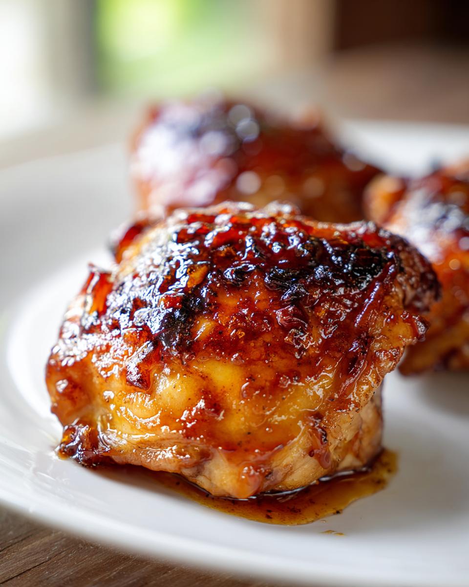 Close-up of air fryer apricot glazed chicken thighs on a white plate, showing the glossy glaze.