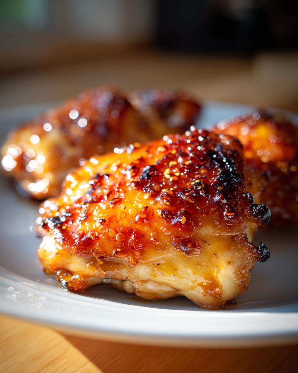 Close-up of air fryer apricot glazed chicken thighs on a plate, showing the crispy skin.
