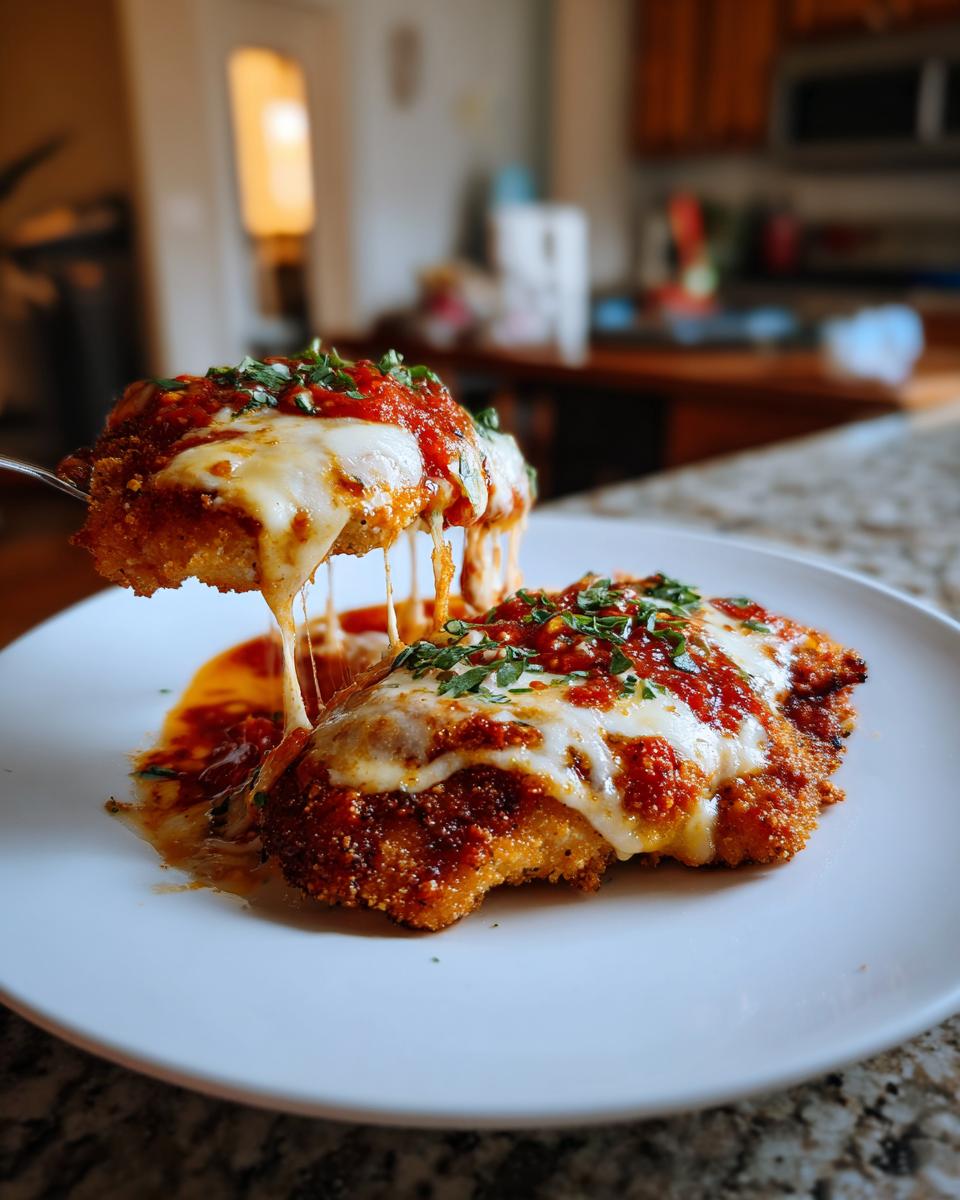 Close-up of air fryer chicken parmesan with melted mozzarella cheese and tomato sauce.