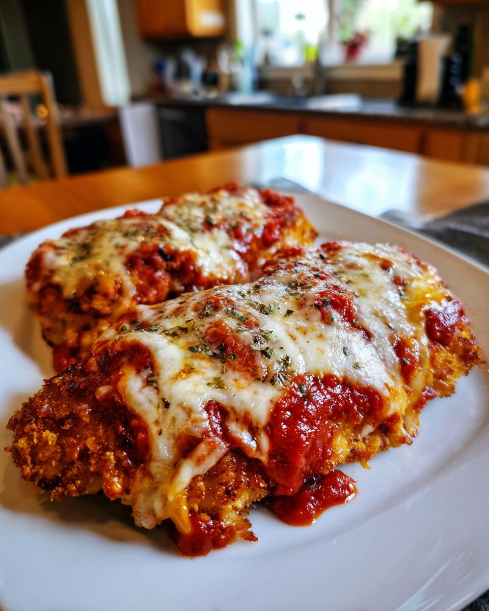 Two pieces of Air Fryer Chicken Parmesan on a white plate, topped with sauce and melted cheese.