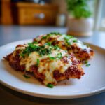 Close-up of air fryer chicken parmesan on a white plate, topped with melted cheese and herbs.