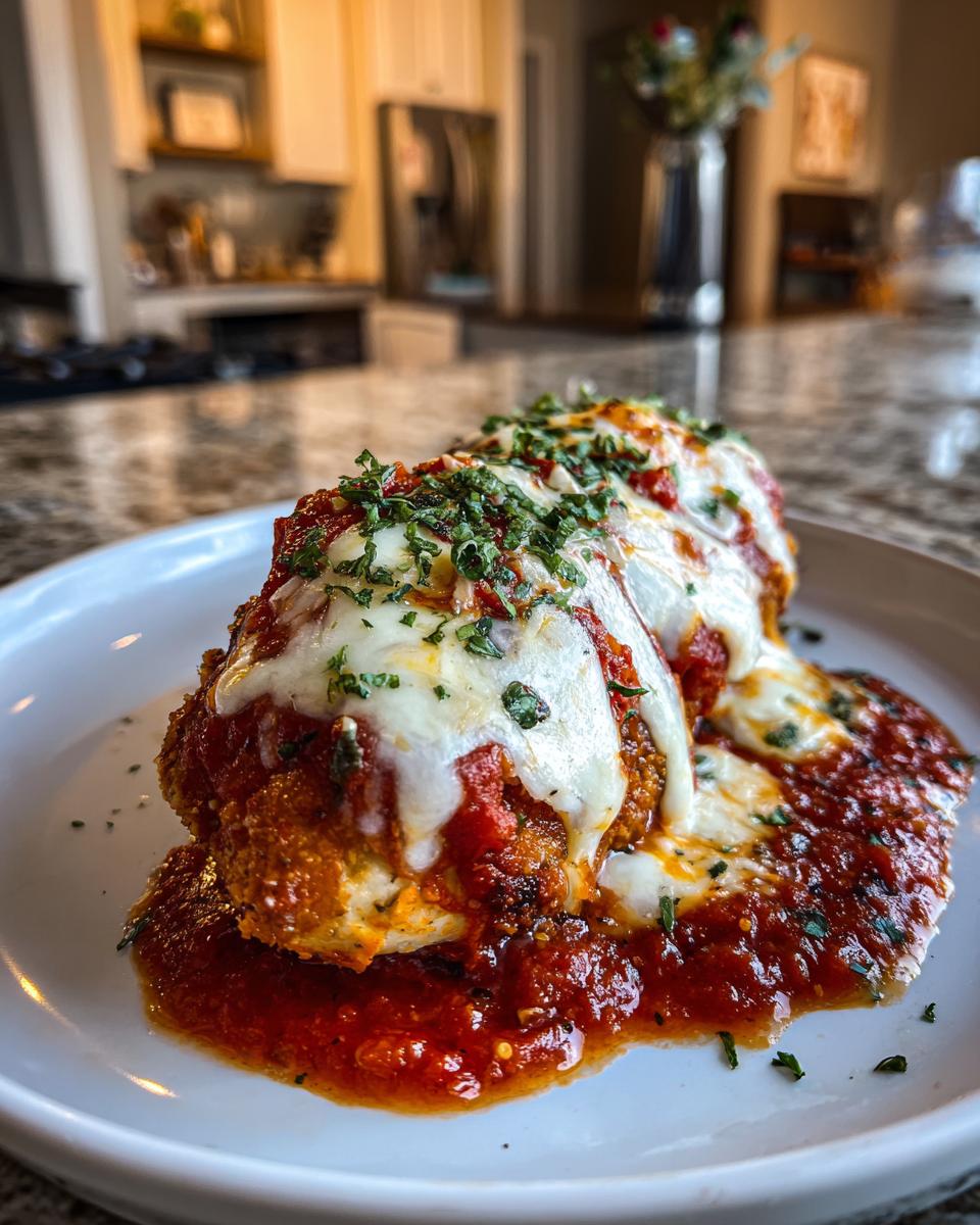 Close-up of Air Fryer Chicken Parmesan on a white plate, topped with sauce and cheese.