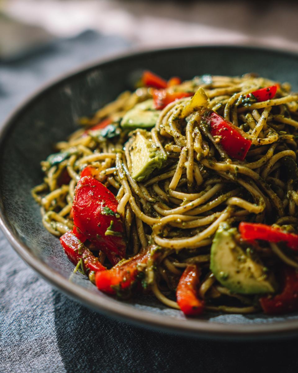 Close-up of a bowl of Avocado Bell Pepper Pasta with red bell peppers and avocado slices.