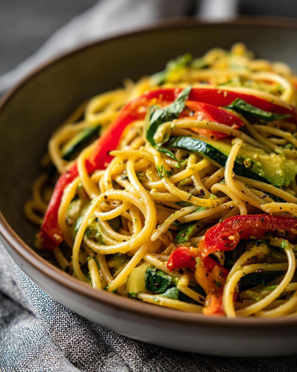 Close-up of Avocado Bell Pepper Pasta in a bowl, with red bell peppers and zucchini.