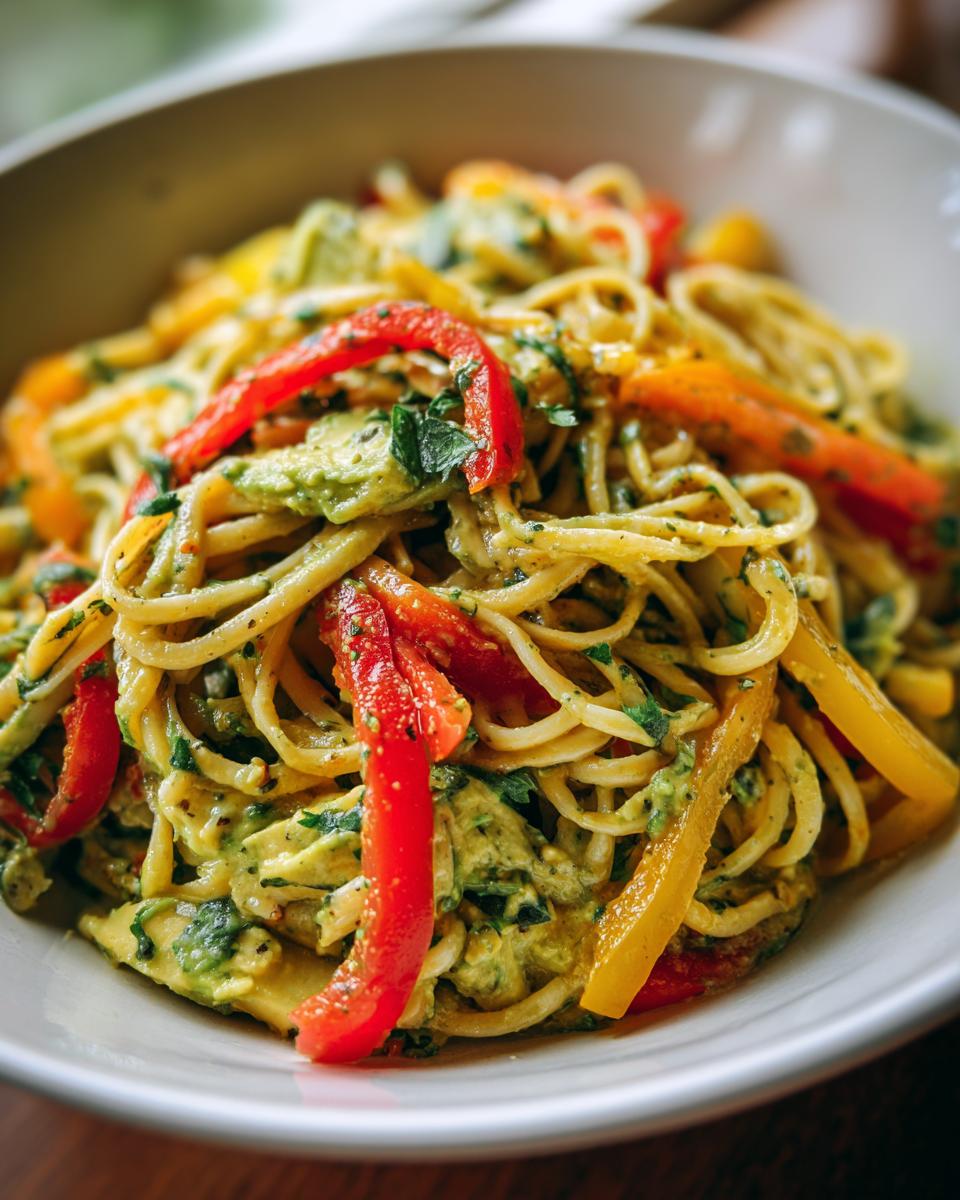 Close-up of creamy Avocado Bell Pepper Pasta with red and yellow bell peppers in a white bowl.