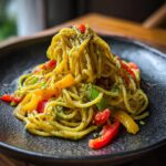 Close-up of a plate of Avocado Bell Pepper Pasta with colorful bell peppers and tomatoes.