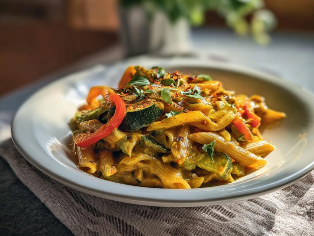 A plate of delicious Avocado Bell Pepper Pasta with fresh vegetables and herbs.