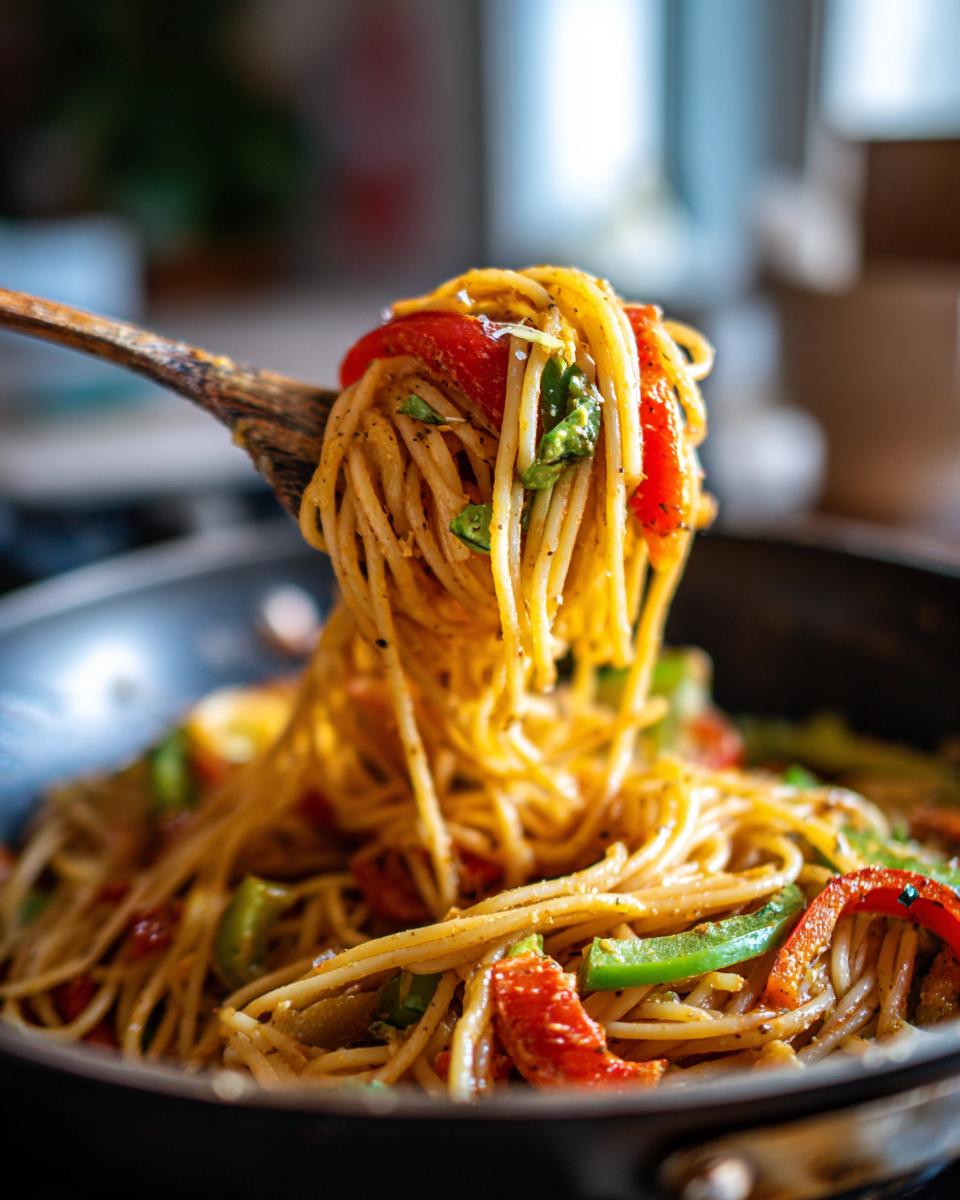 Close-up of Avocado Bell Pepper Pasta being served from a pan with a wooden spoon, showing red and green bell peppers.
