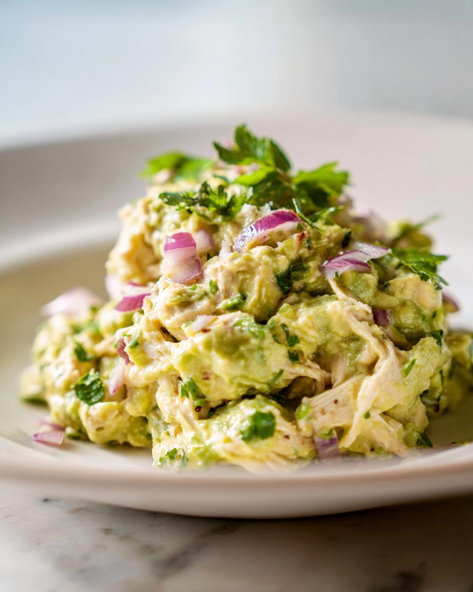 Close-up of a serving of Avocado Chicken Salad with red onion and herbs on a white plate.