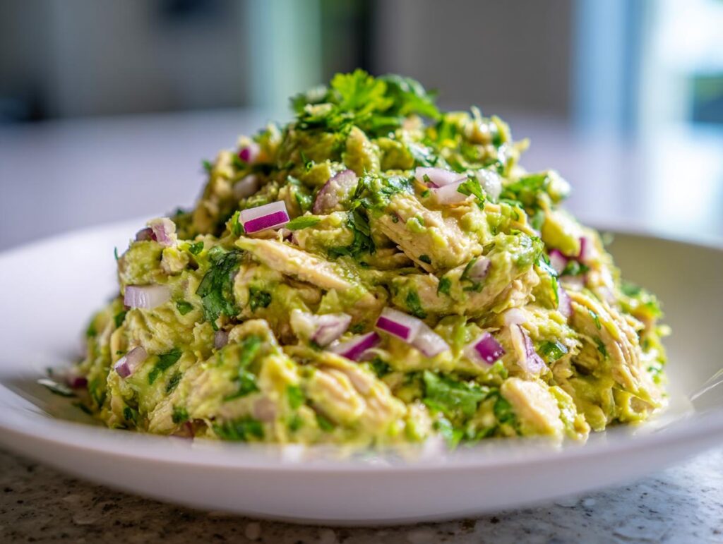 Close-up of a serving of delicious Avocado Chicken Salad, with avocado, chicken, and red onion.