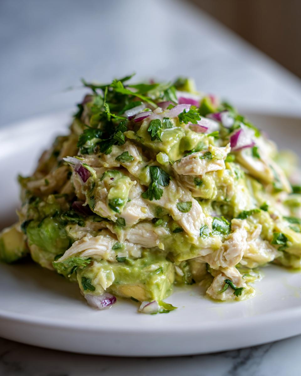 Close-up of creamy Avocado Chicken Salad with avocado, chicken, red onion, and cilantro on a white plate.