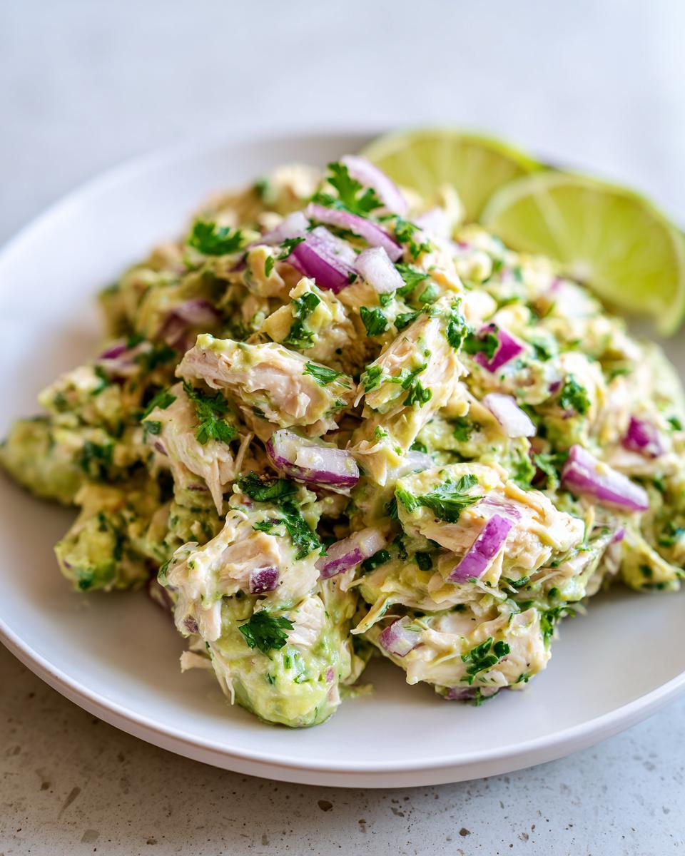 Close-up of a serving of Avocado Chicken Salad on a white plate, garnished with lime.
