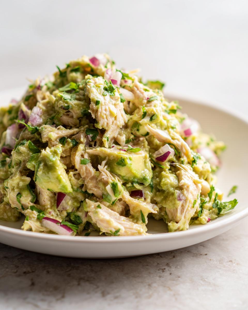 Close-up of a serving of Avocado Chicken Salad on a white plate, showing avocado, chicken, and red onion.