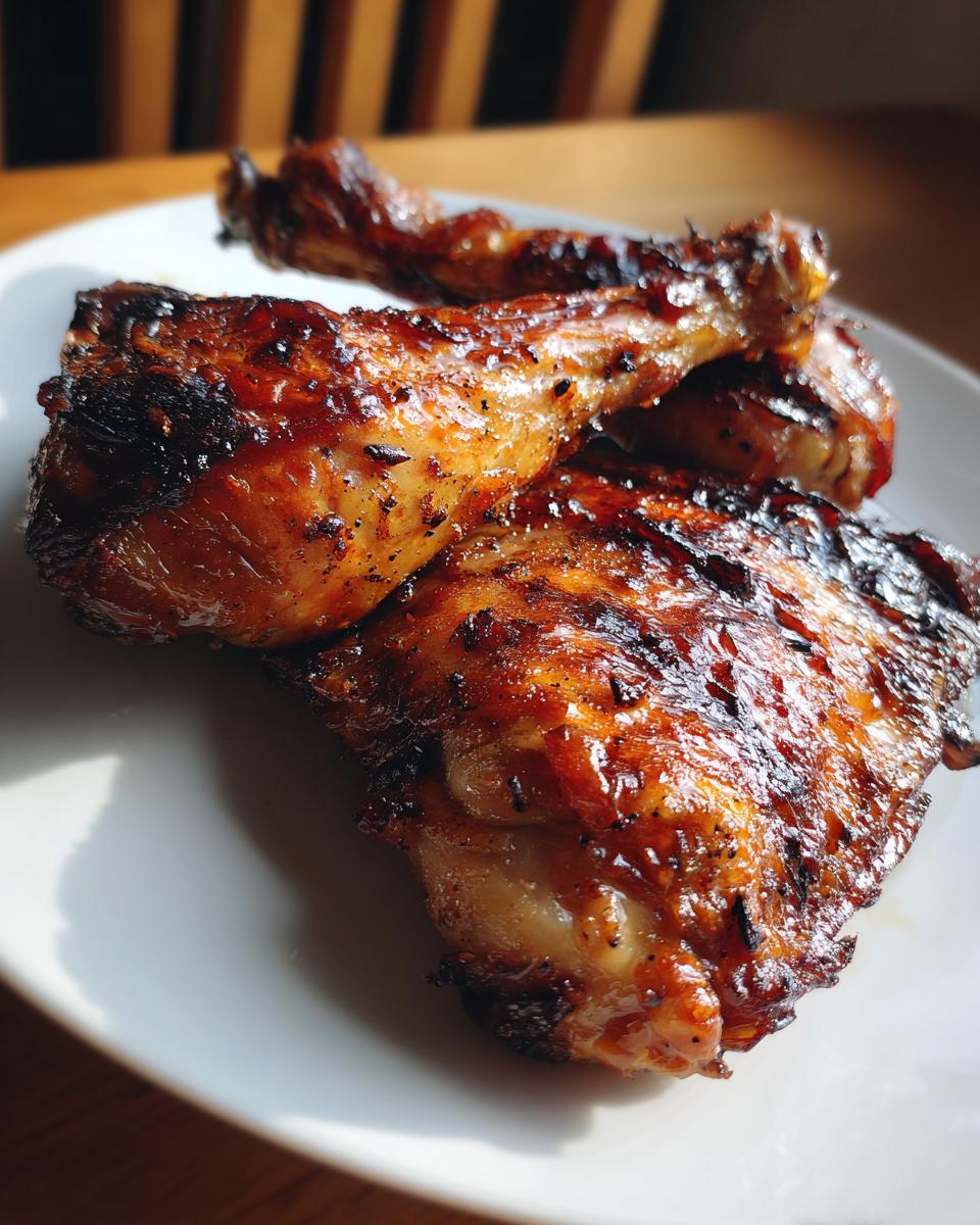 Close-up of perfectly cooked Baked Chicken Leg Quarters on a white plate, showing crispy skin.