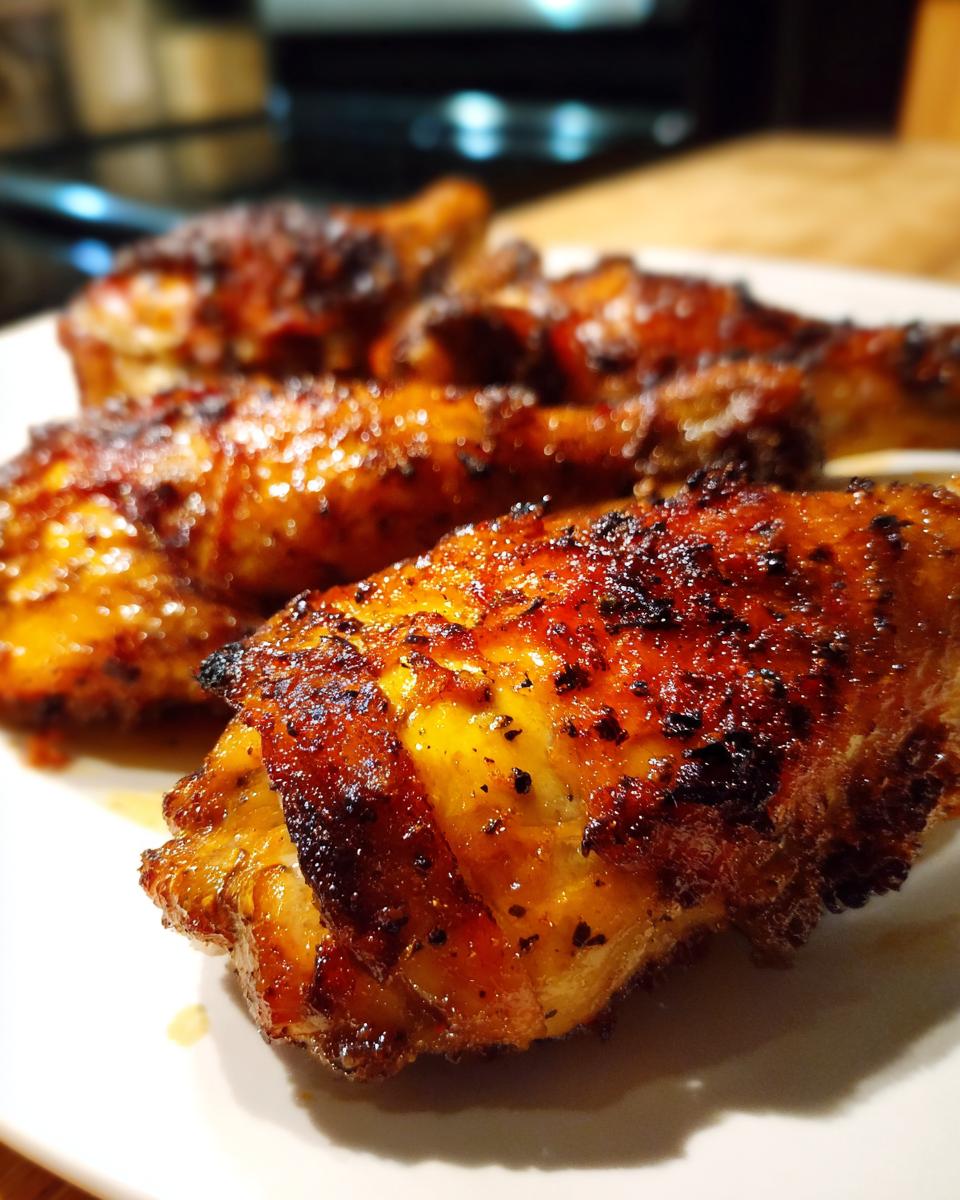Close-up of golden brown baked chicken leg quarters on a white plate, showing crispy skin.