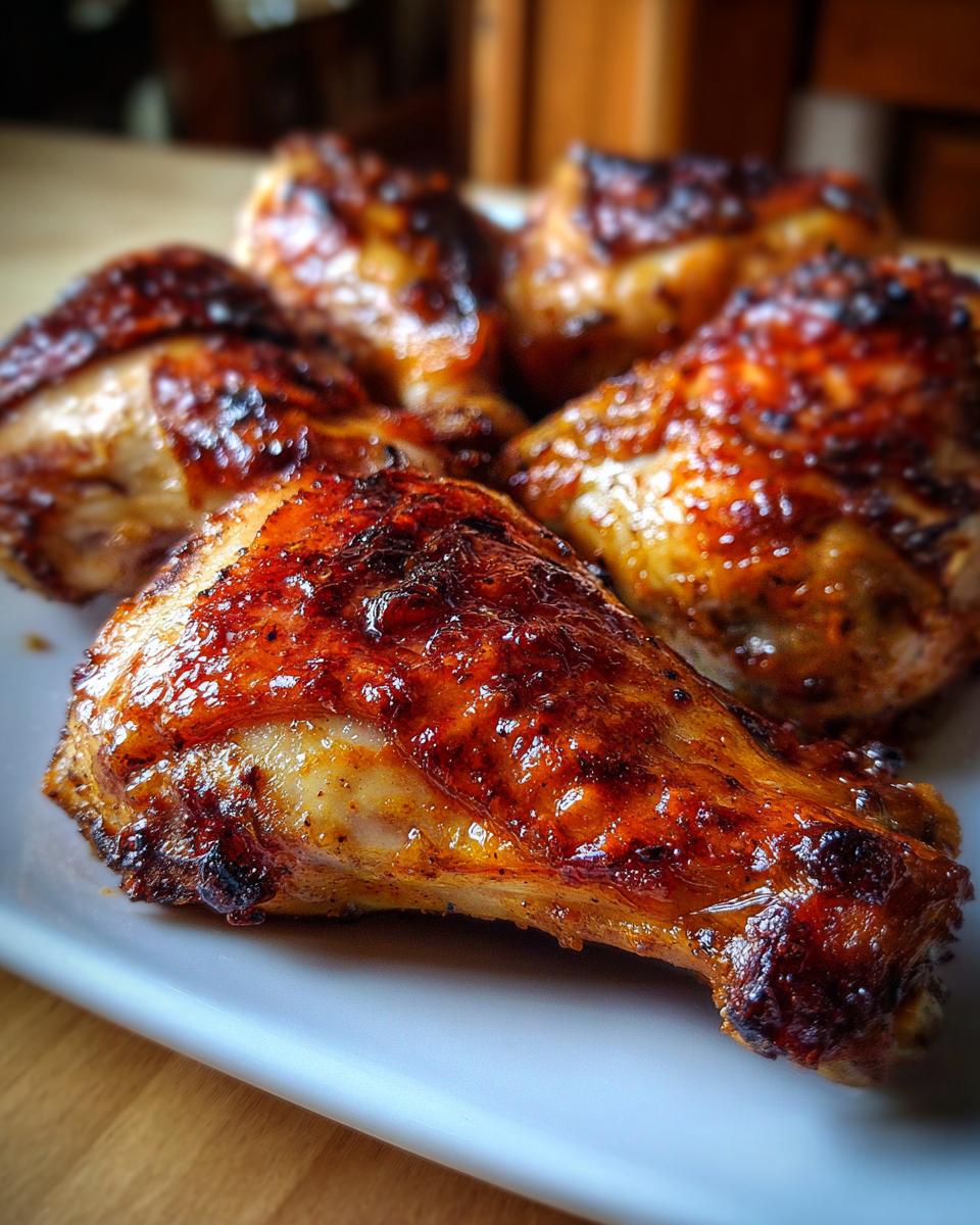 Close-up of perfectly baked chicken leg quarters with crispy, golden skin.