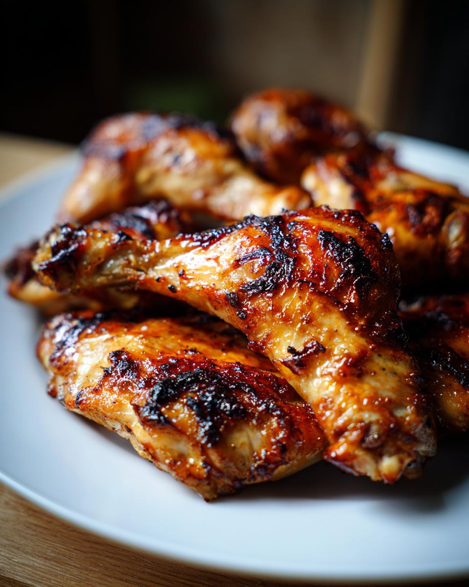 Close-up of golden brown Baked Chicken Leg Quarters on a white plate, ready to eat.