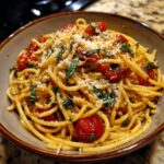 Close-up of Basil Pasta with Cherry Tomatoes in a bowl, garnished with fresh basil and cheese.