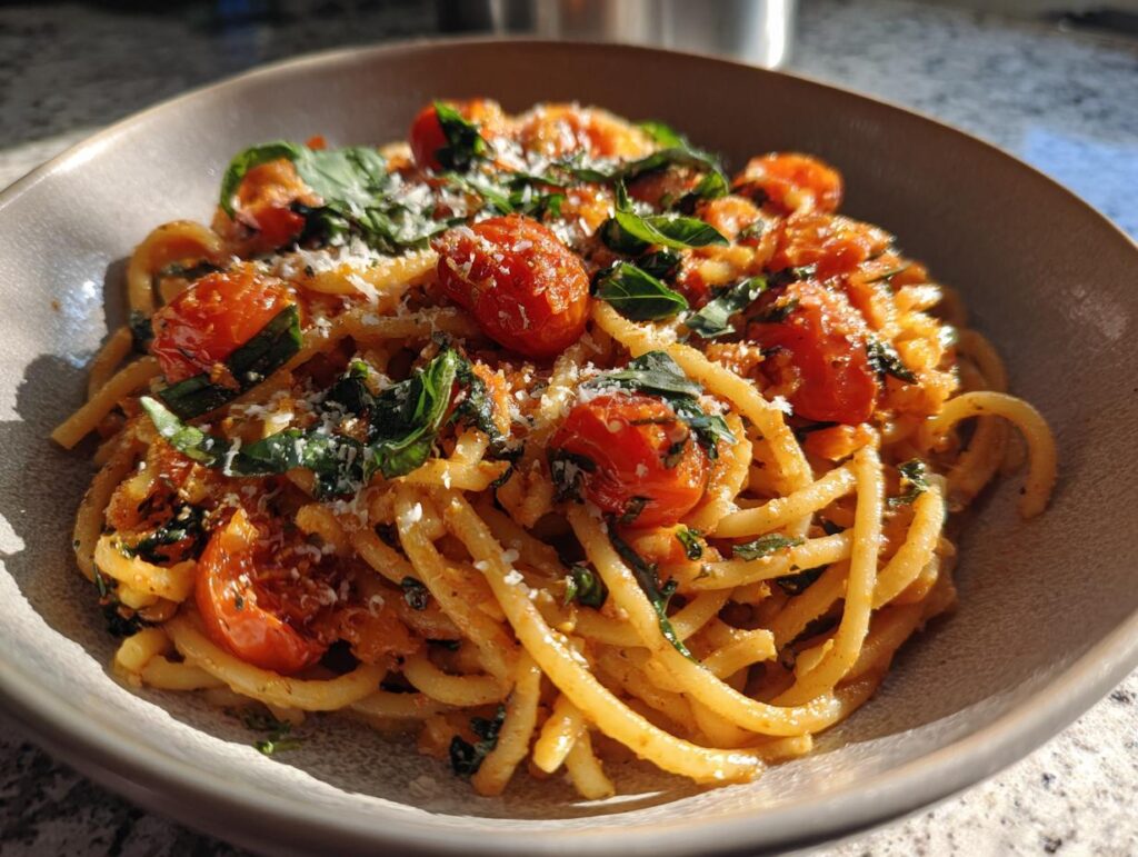 A bowl of Basil Pasta with Cherry Tomatoes, garnished with fresh basil and parmesan cheese.