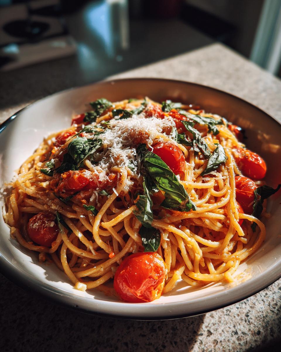 Close-up of a bowl of Basil Pasta with Cherry Tomatoes, garnished with fresh basil and parmesan cheese.