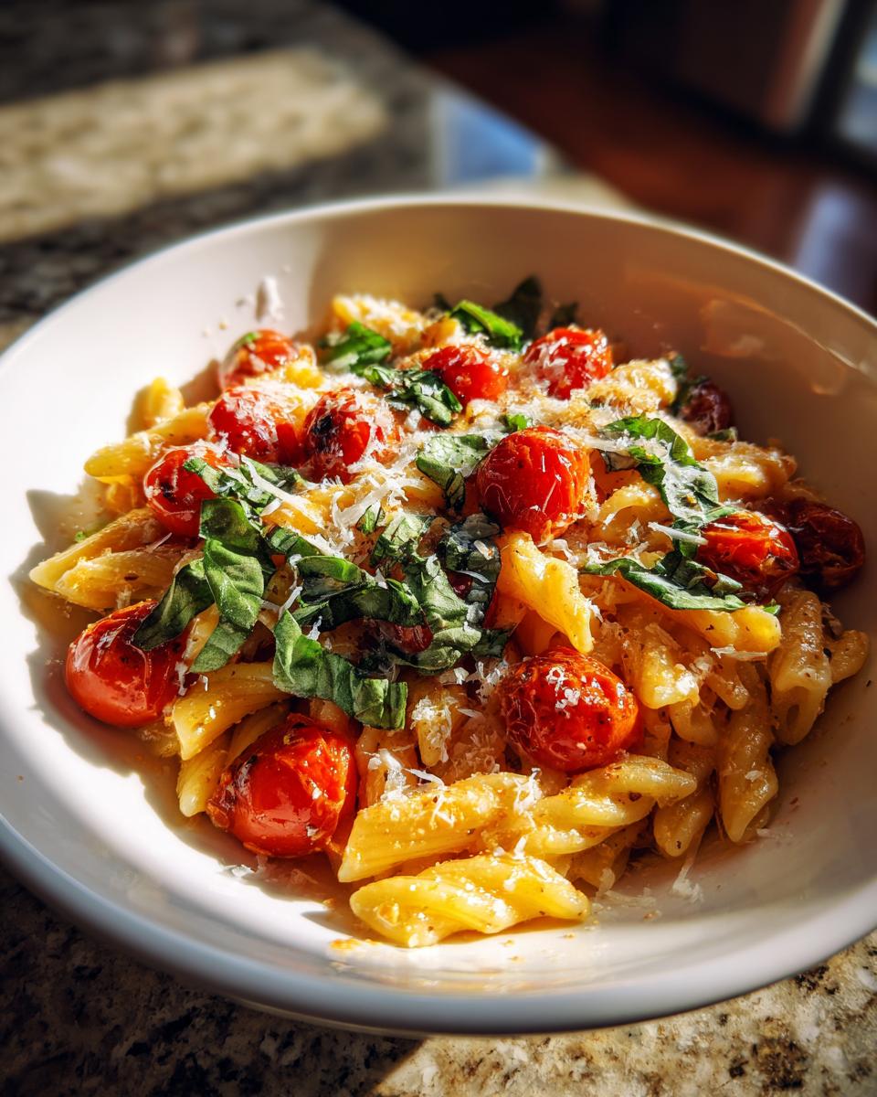 Close-up of Basil Pasta with Cherry Tomatoes in a white bowl, garnished with fresh basil and parmesan cheese.