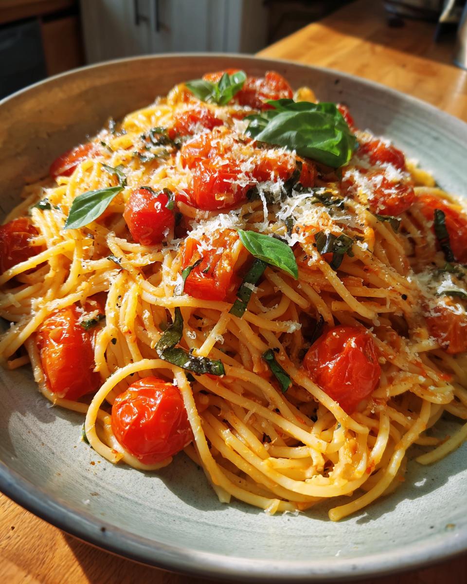 Close-up of Basil Pasta with Cherry Tomatoes, garnished with fresh basil and parmesan cheese.