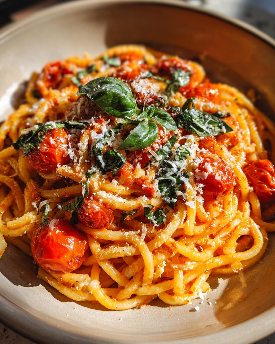Close-up of Basil Pasta with Cherry Tomatoes in a bowl, garnished with fresh basil and parmesan cheese.