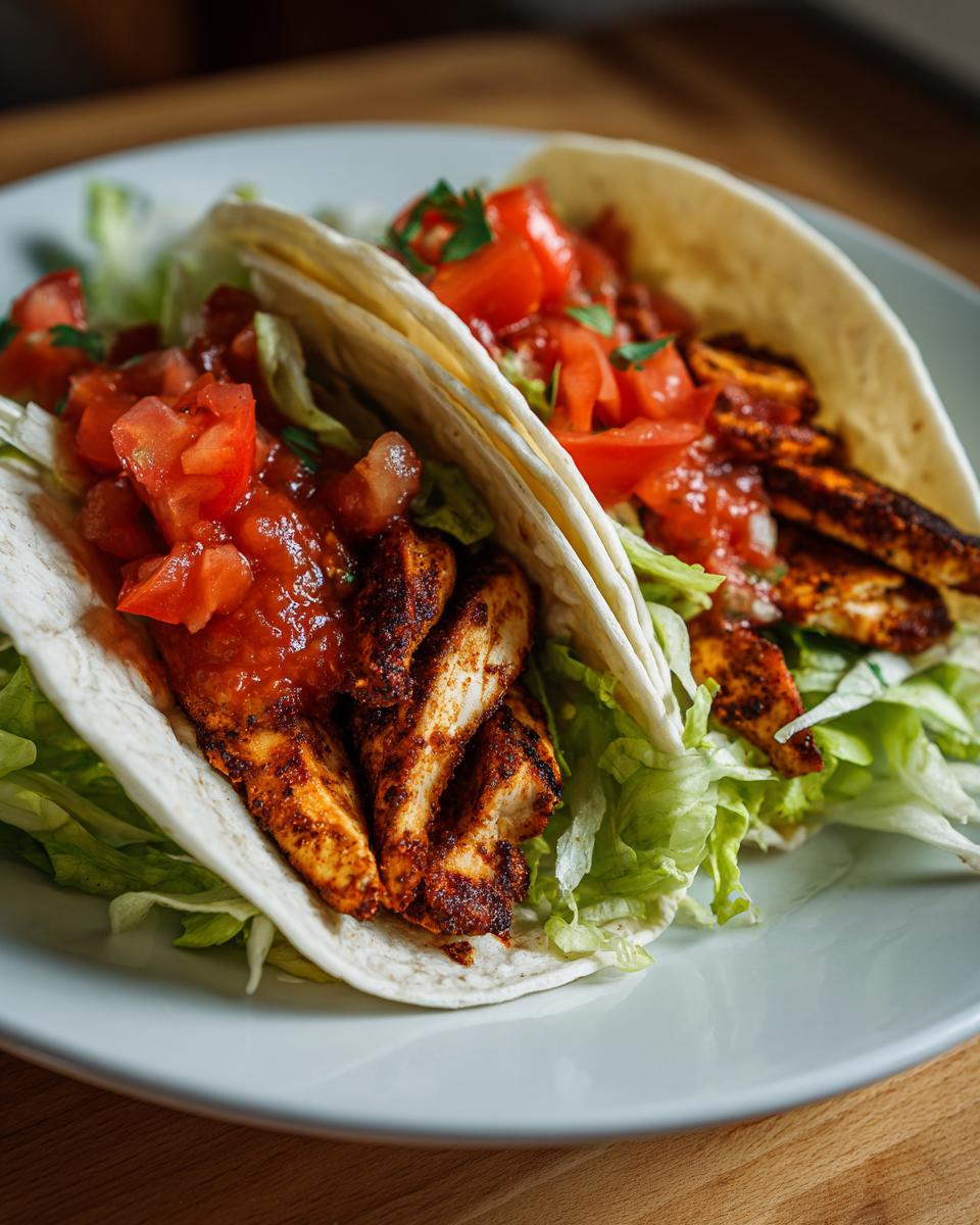 Close-up of two Easy Blackened Chicken Tacos filled with chicken, tomatoes, and lettuce.