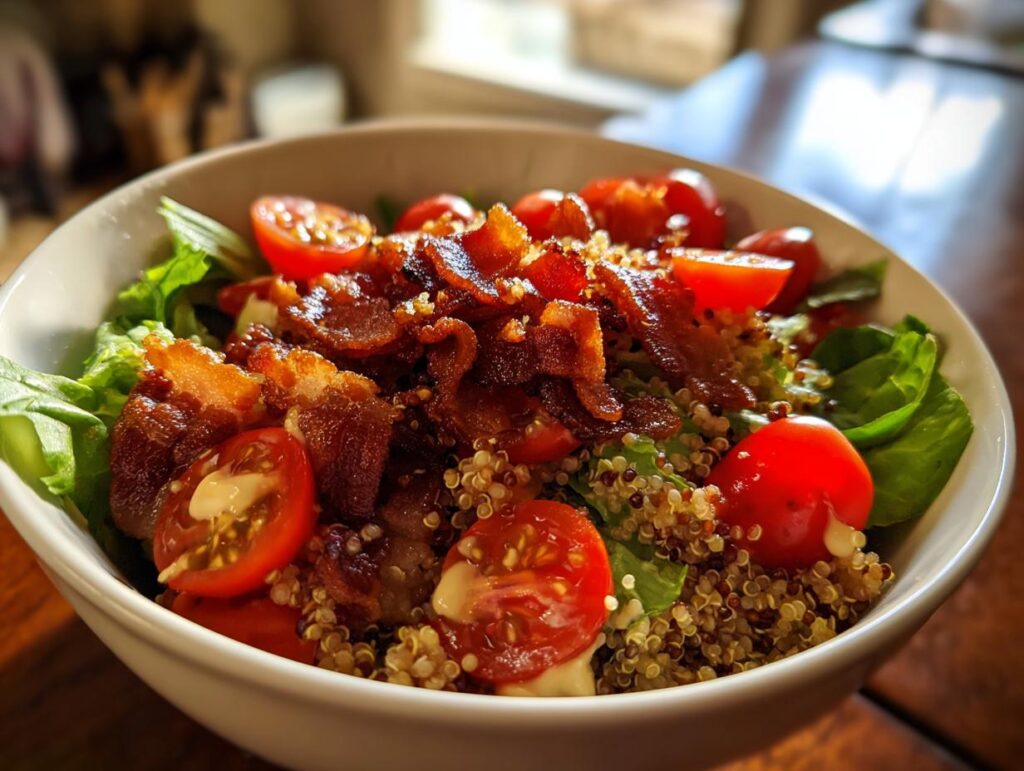 Close-up of a BLT Quinoa Bowl with bacon, tomatoes, quinoa, and lettuce.