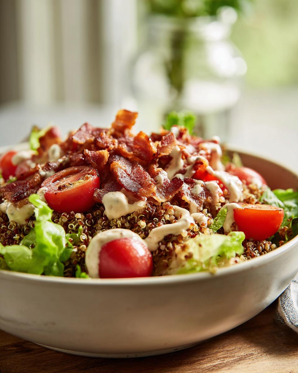 Close-up of a BLT Quinoa Bowl with quinoa, bacon, tomatoes, lettuce, and creamy dressing.