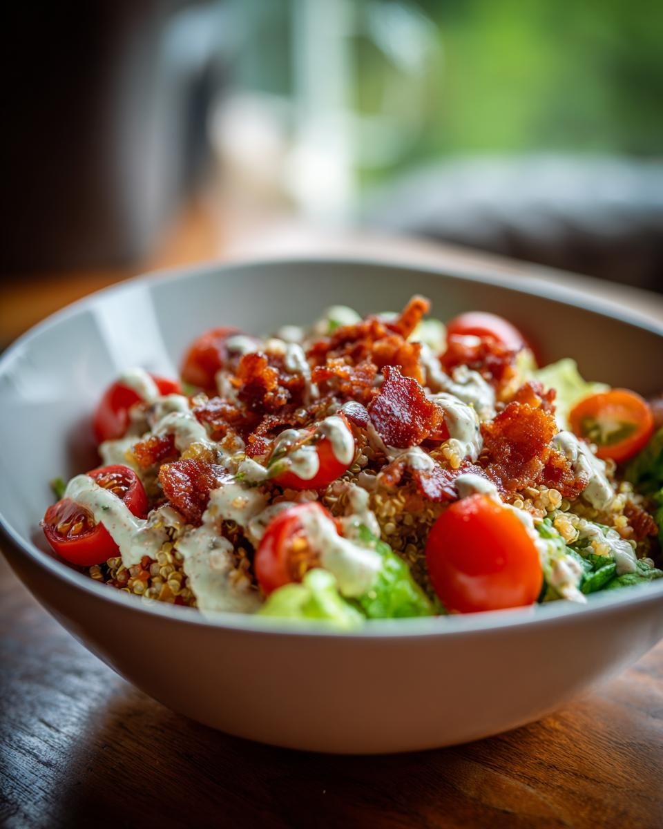 Close-up of a BLT Quinoa Bowl with bacon, tomatoes, and dressing. The perfect BLT Quinoa Bowls recipe!
