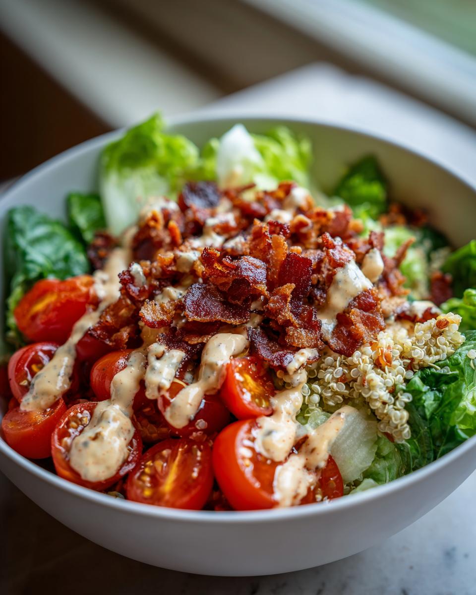 Close-up of a BLT Quinoa Bowl with bacon, tomatoes, lettuce, quinoa, and dressing. A healthy and delicious BLT Quinoa Bowl.