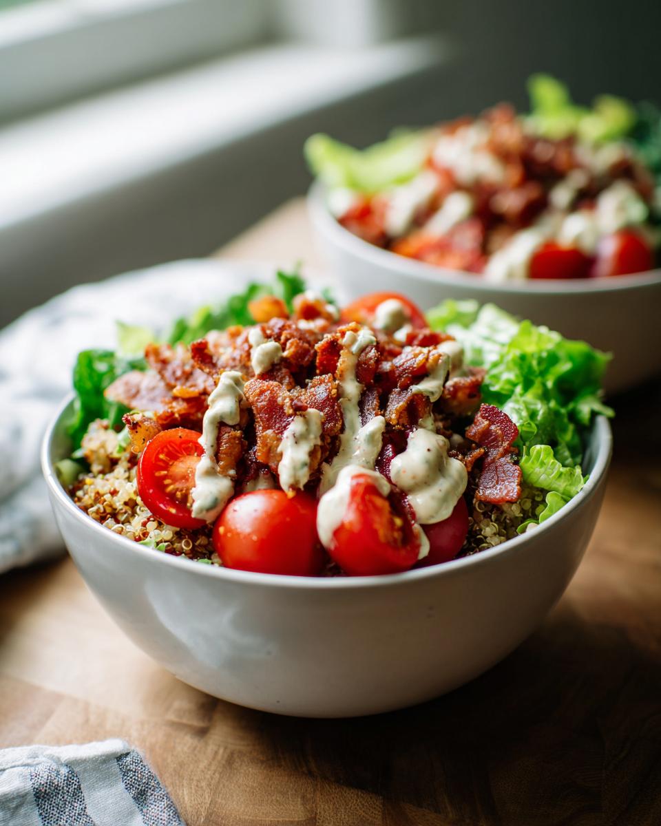 Close-up of a BLT Quinoa Bowl with bacon, tomatoes, lettuce, and creamy dressing. This is a delicious BLT Quinoa Bowl.