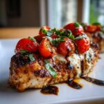 Close-up of a Bruschetta Chicken Bake with tomatoes, basil, and balsamic glaze.